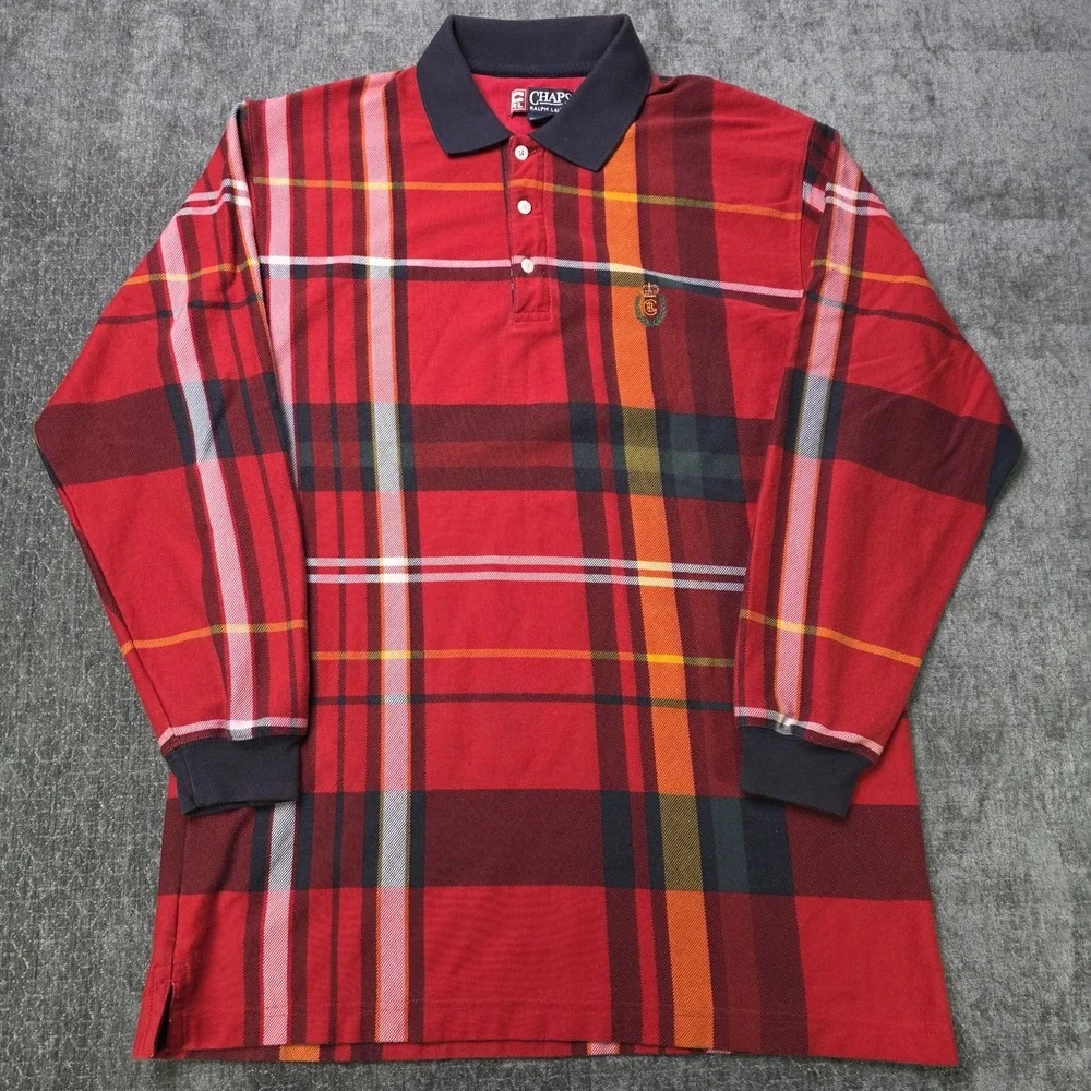 Vtg Chaps Ralph Lauren Polo Shirt Mens XL Red Plaid Long Sleeve Thick Crest Logo